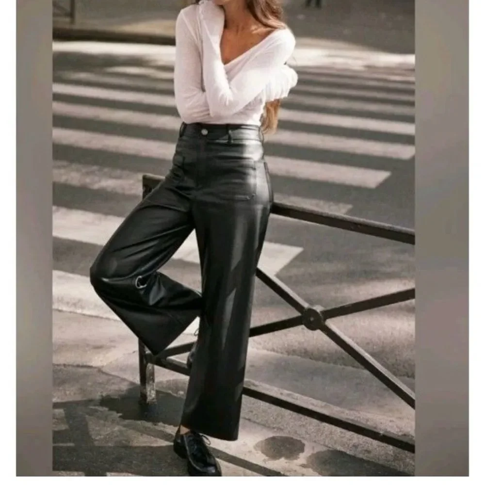 Zara Black faux leather Wide-Leg Pants with Front Pockets